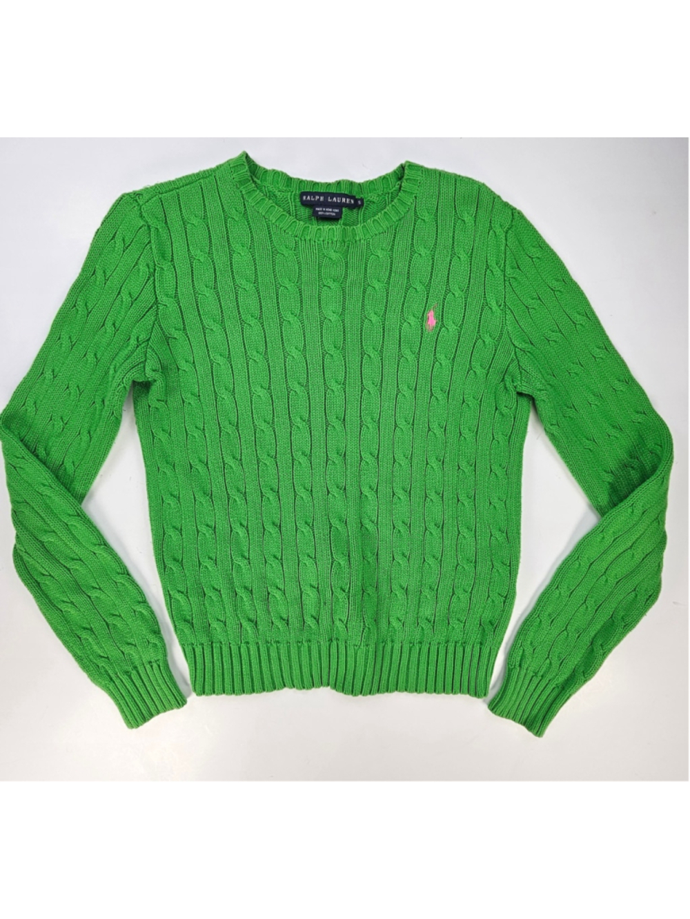 Ralph Lauren Womens S Green Cable Knit Sweater Pink Pony 100% Cotton Crewneck